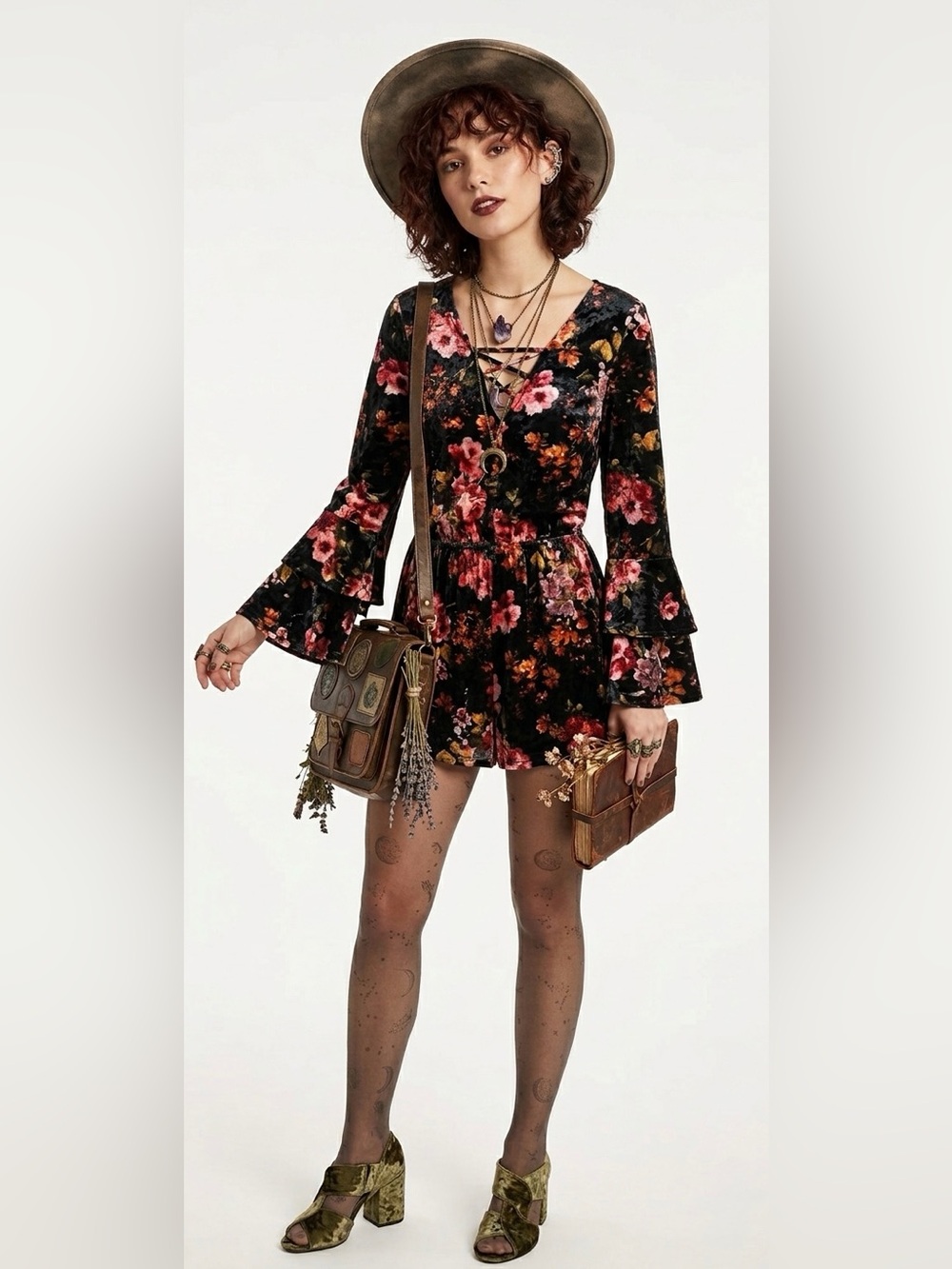 Charlotte Russe Black Velvet Floral Lace-Up Long Sleeve Romper Shorts